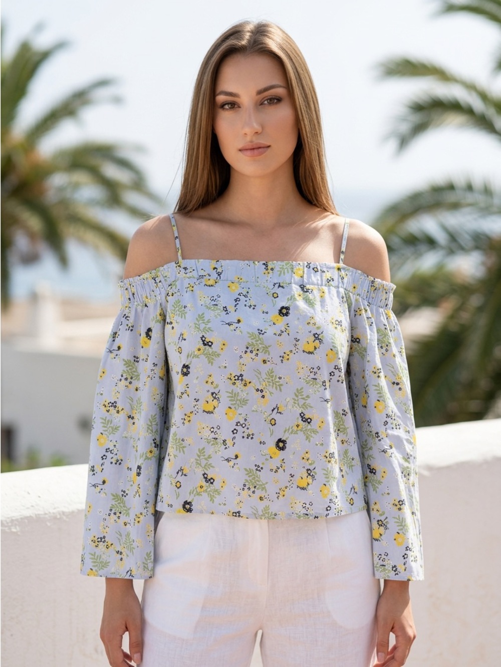 Topshop Light Blue Cold-Shoulder Floral Camisole